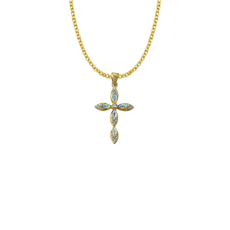 Gold Plated Over Sterling Silver Pointed Oval Ends Cross Necklace with Opal Stones