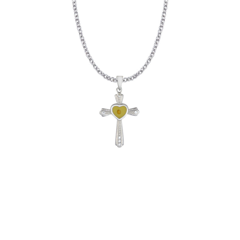 1-1/16 Inch Sterling Silver Centered Mustard Seed Heart and Cross Necklace