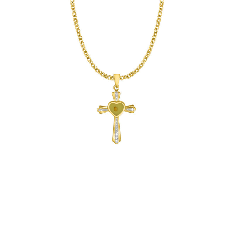 1-1/16 Inch Two-Tone Gold Plated Over Sterling Silver Centered Mustard Seed Heart and Cross Necklace