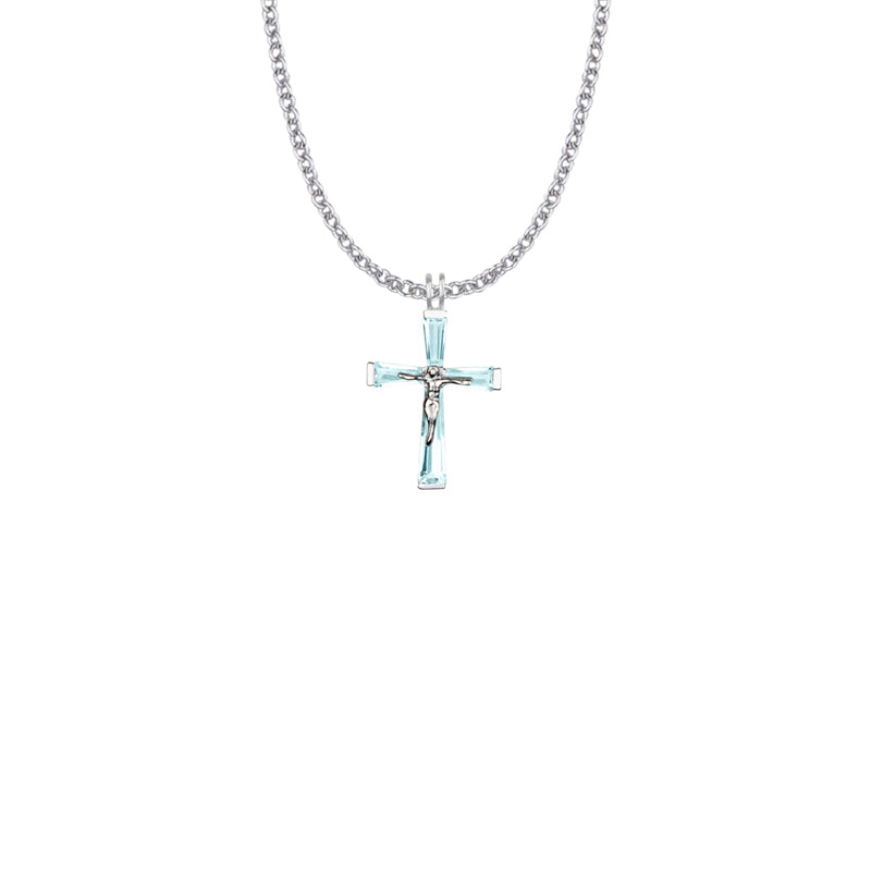 Sterling Silver and Glass Crystal March Birthstone Baguette Crucifix Necklace
