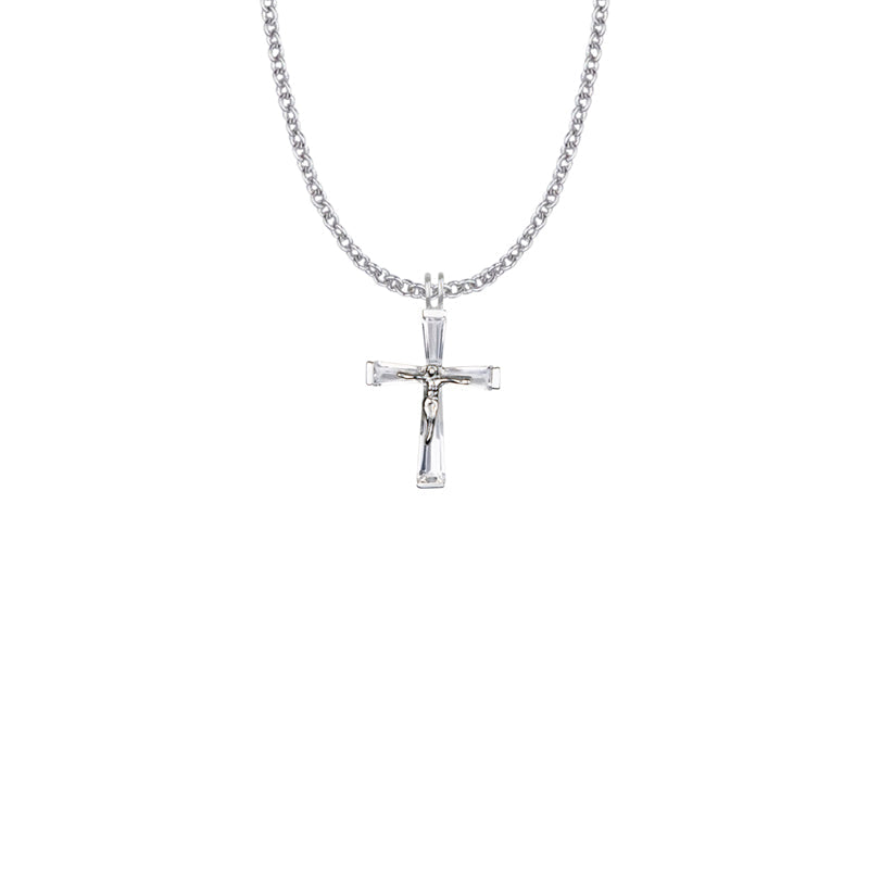 Sterling Silver and Glass Crystal April Birthstone Baguette Crucifix Necklace