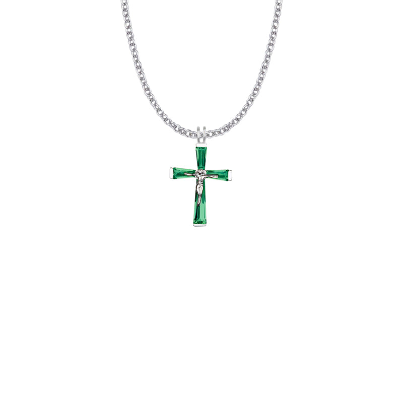 Sterling Silver and Glass Crystal May Birthstone Baguette Crucifix Necklace