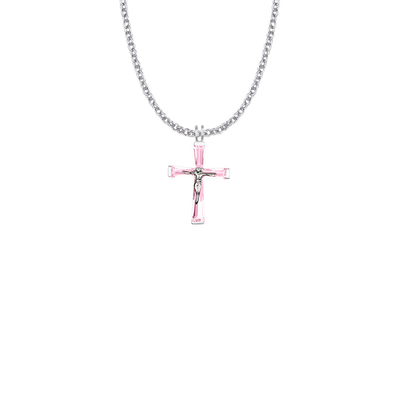 Sterling Silver and Glass Crystal October Birthstone Baguette Crucifix Necklace