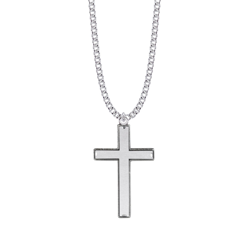 1-5/8 Inch Sterling Silver Beaded with Our Father Prayer on Back Cross Necklace