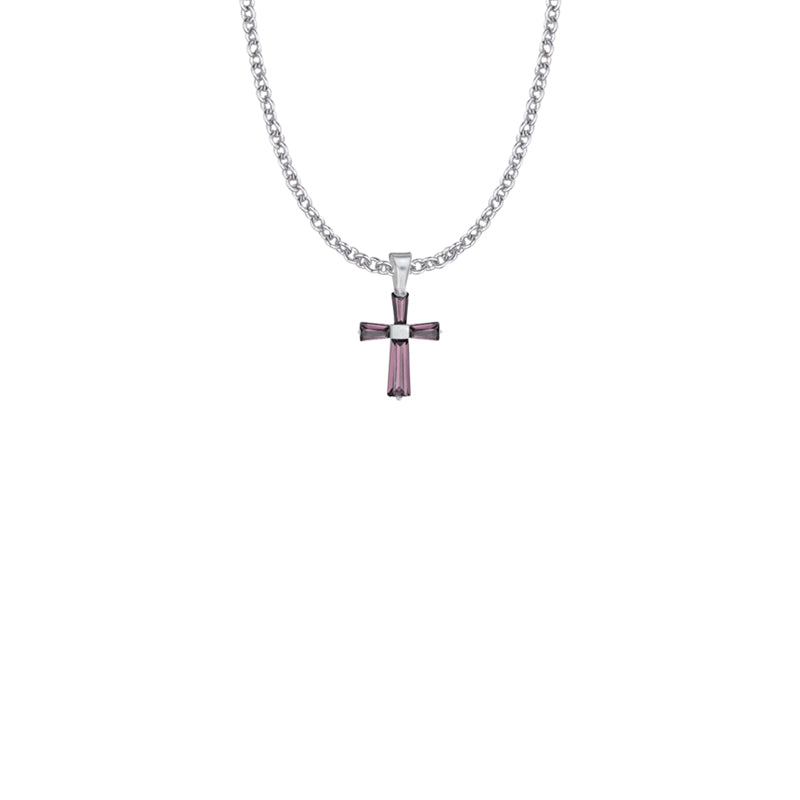 Sterling Silver and Glass Crystal February Birthstone Baguette Cross Necklace