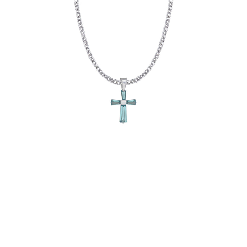 Sterling Silver and Glass Crystal March Birthstone Baguette Cross Necklace