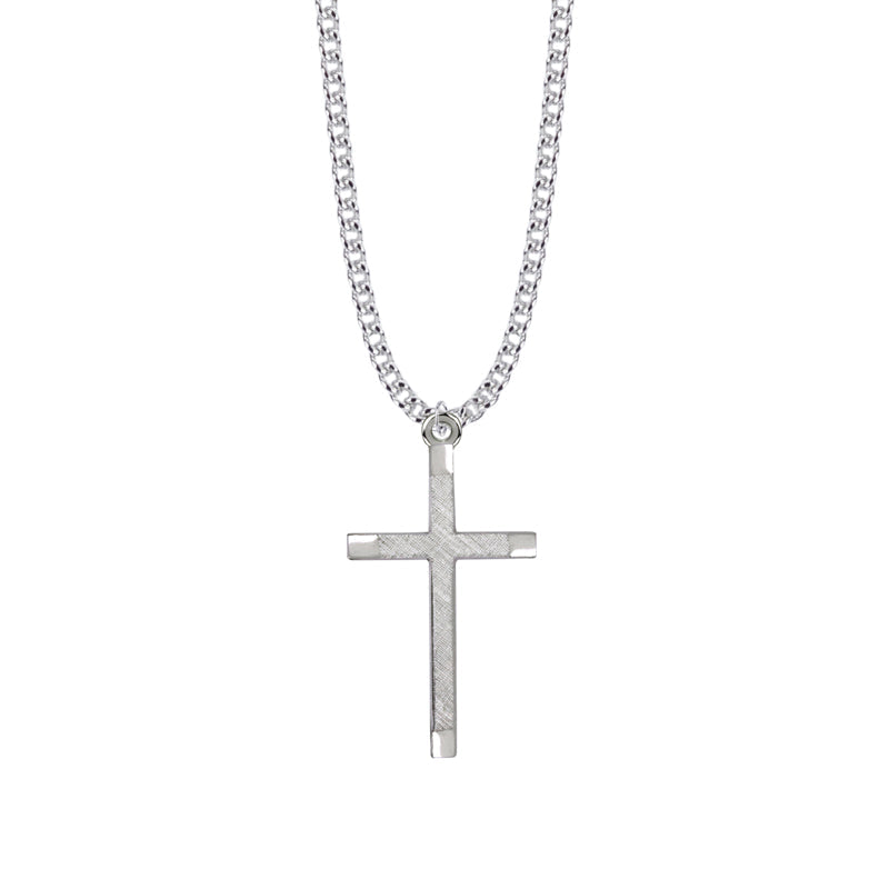 1-9/16 Inch Sterling Silver Brushed Finish Cross Necklace