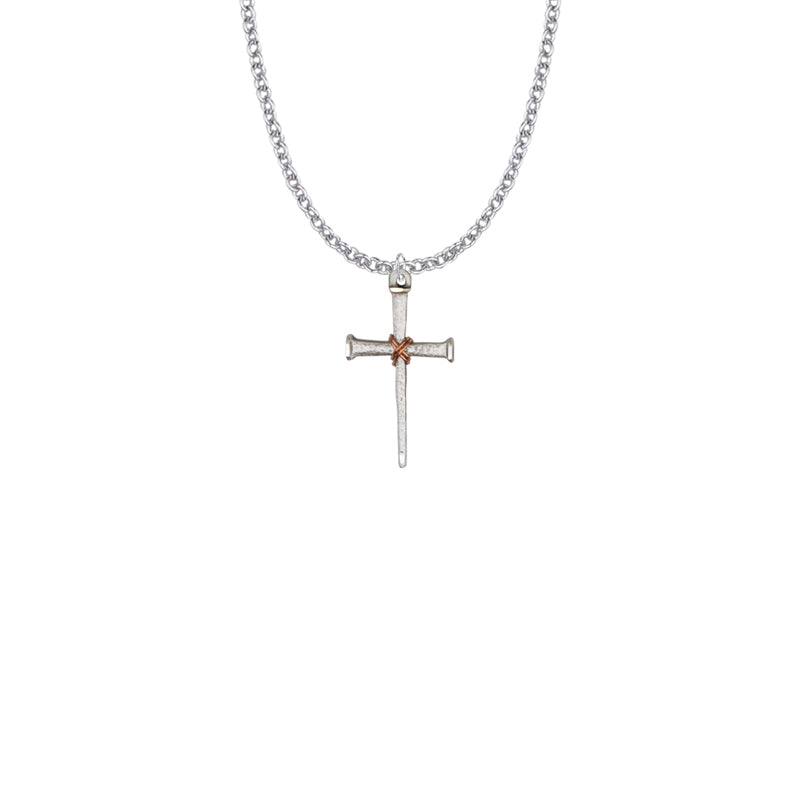 Sterling Silver Nail with Copper Center and Diamond Engraved Ends Cross Necklace