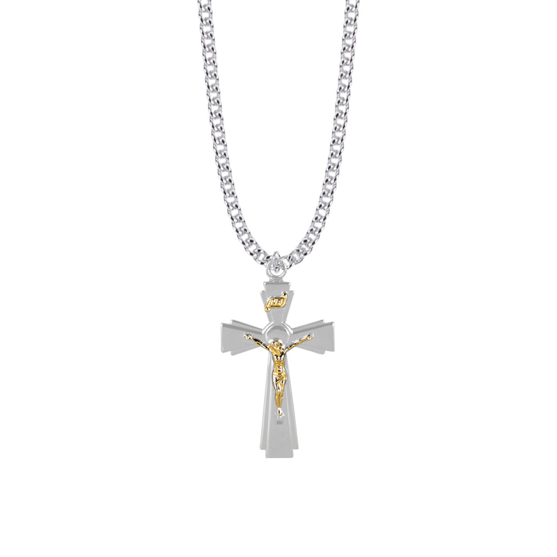 1-7/16 Inch Two-Tone Sterling Silver Flared Crucifix Necklace