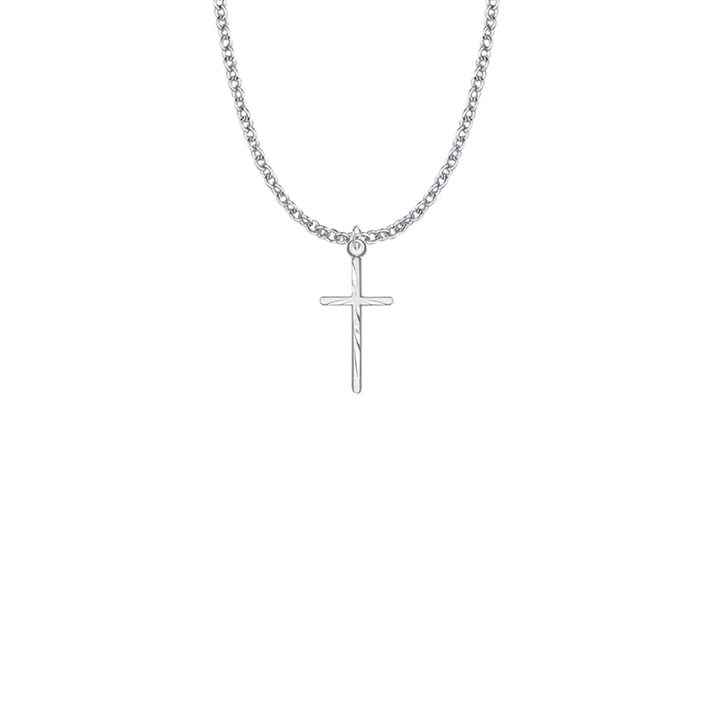 Sterling Silver Diamond Engraved Stick Cross Necklace