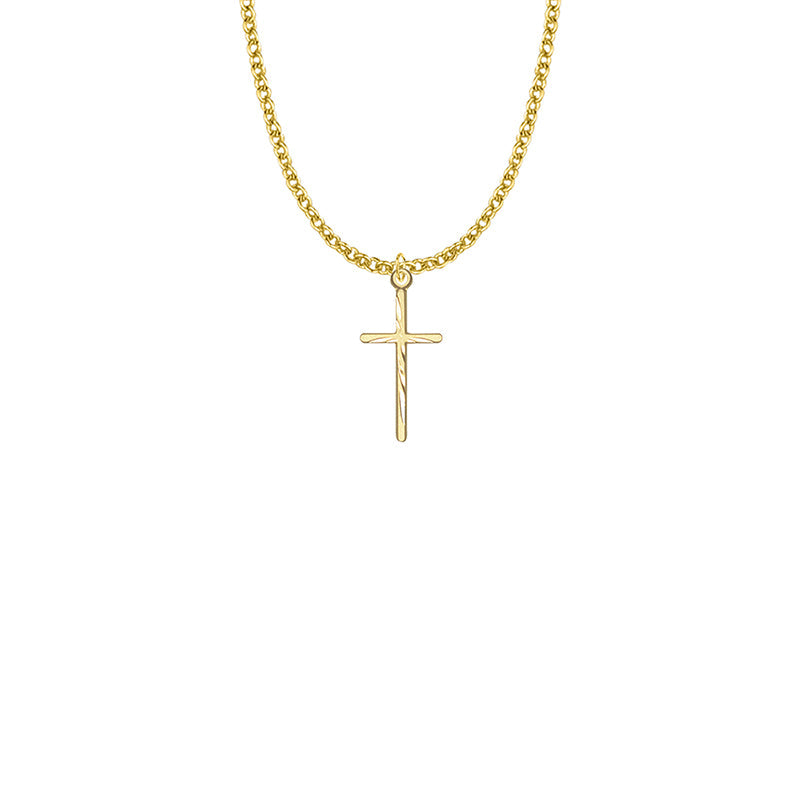 Gold Plated Over Sterling Silver Diamond Engraved Stick Cross Necklace