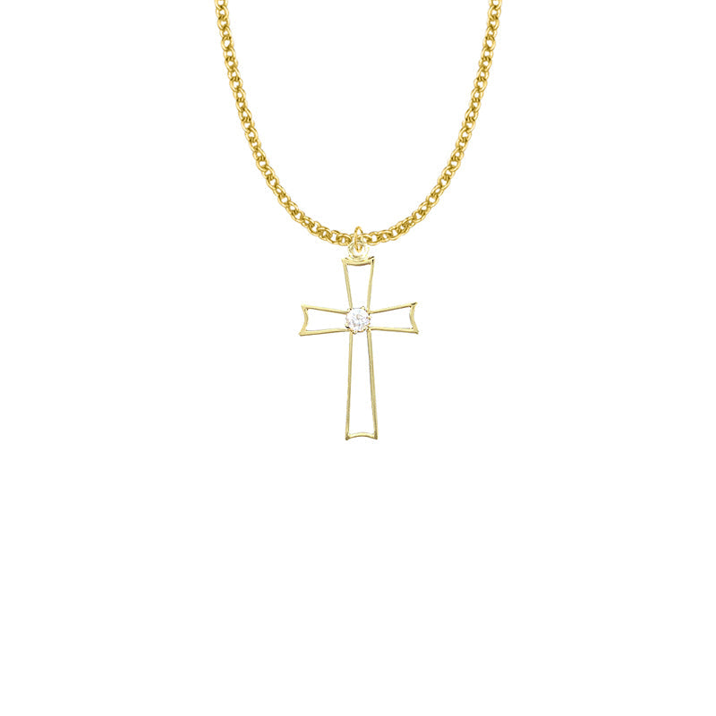 Gold Plated Over Sterling Silver Pierced Cross Necklace with Centered Cubic Zirconia Stone