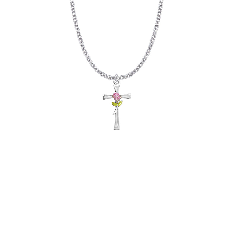 Sterling Silver Enameled Rose Cross Necklace