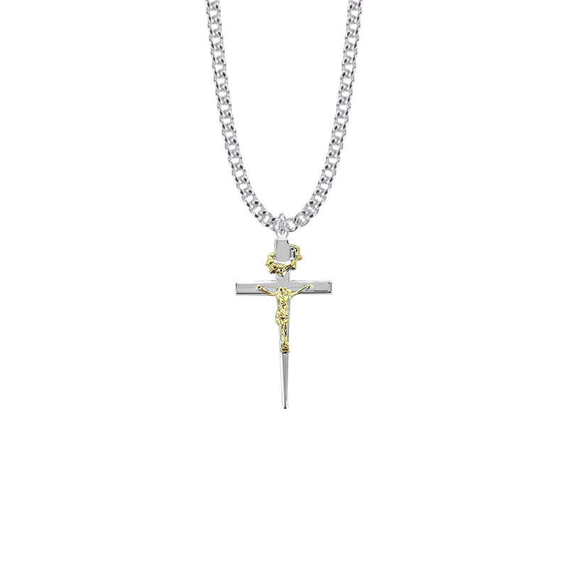 1-3/8 Inch Sterling Silver Two-Tone Crown of Thorns Crucifix Necklace