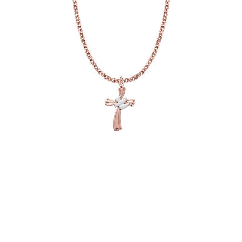 Two-Tone Rose Gold Over Sterling Silver Dove on Ribbon Cross Necklace