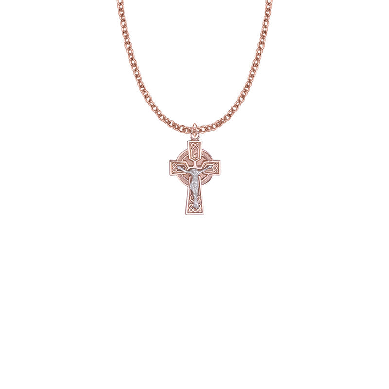 Two-Tone Rose Gold Over Sterling Silver Celtic Halo Crucifix Necklace
