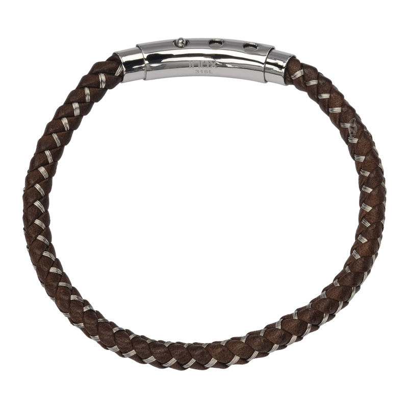 Single Round Brown Braided Leather Bracelet