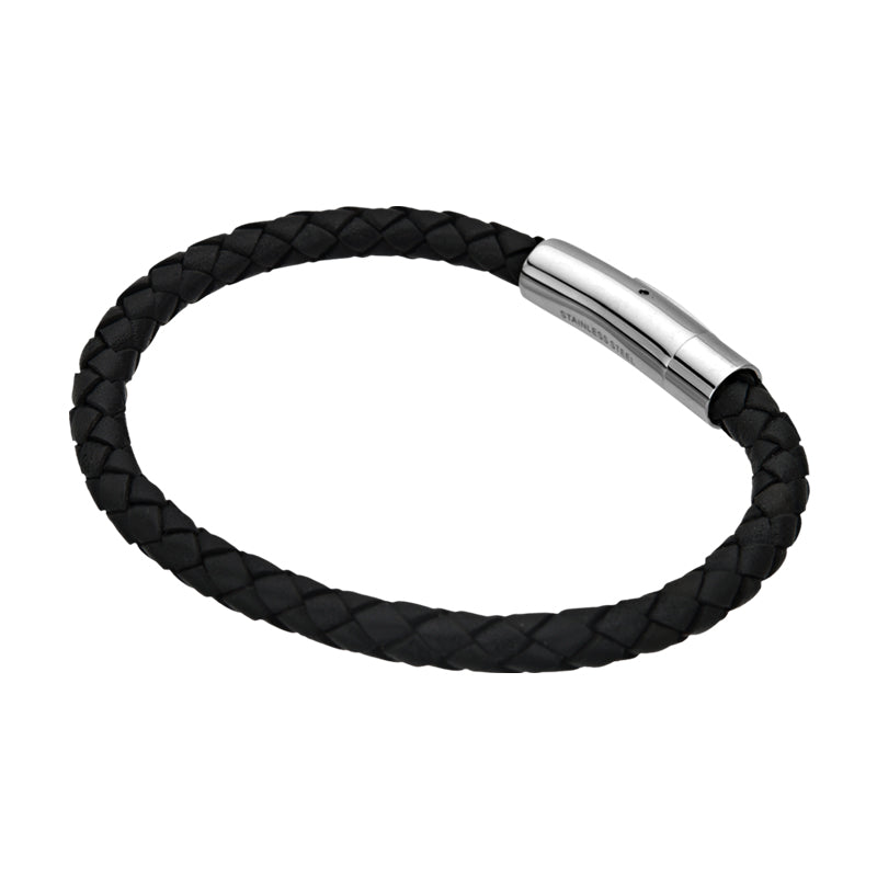 Single Round Black Braided Leather Bracelet