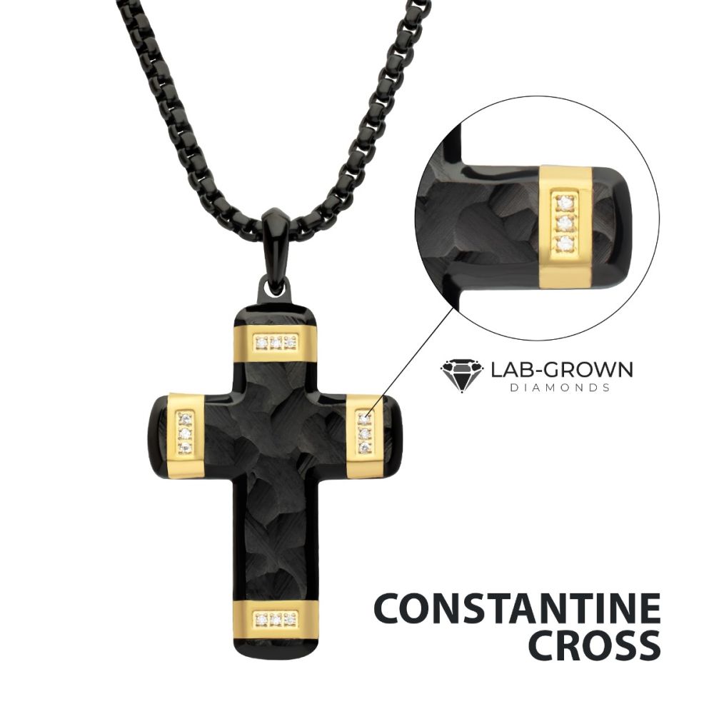 Matte Finish Black IP Carved Steel Small Cross Pendant