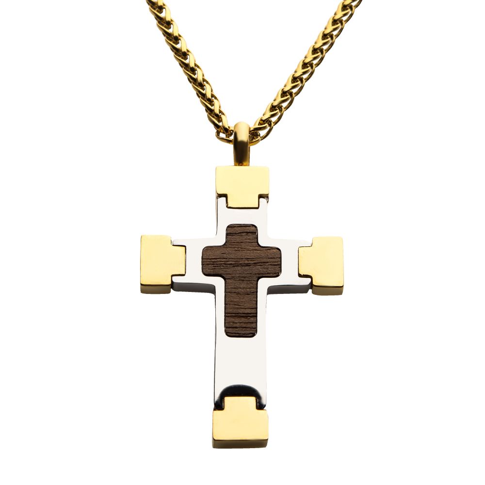 Gold Plated Cross Pendant with Walnut Wood Inlay