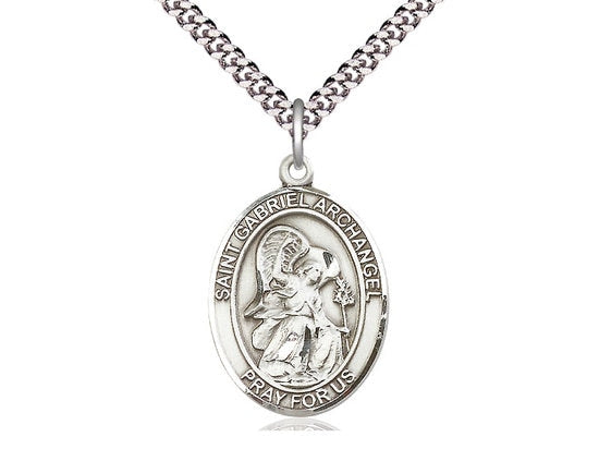 St Gabriel the Archangel Sterling Silver Pendant on a 24 inch Light Rhodium Heavy Curb Chain.