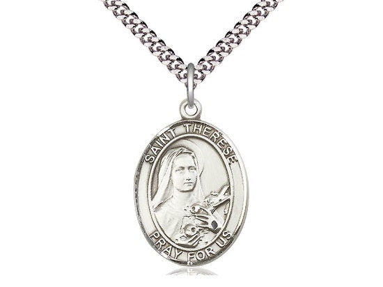 St Therese of Lisieux Sterling Silver Pendant on a 24 inch Light Rhodium Heavy Curb Chain.