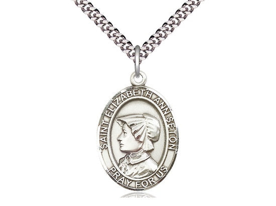 St Elizabeth Ann Seton Sterling Silver Pendant on a 24 inch Light Rhodium Heavy Curb Chain.
