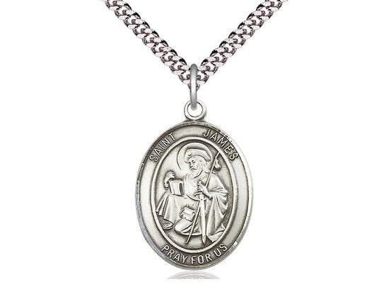 St James the Greater Sterling Silver Pendant on a 24 inch Light Rhodium Heavy Curb Chain.