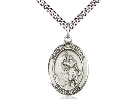 St Joan of Arc Sterling Silver Pendant on a 24 inch Light Rhodium Heavy Curb Chain.