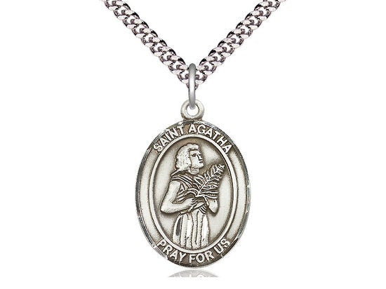 St Agatha Sterling Silver Pendant on a 24 inch Light Rhodium Heavy Curb Chain.