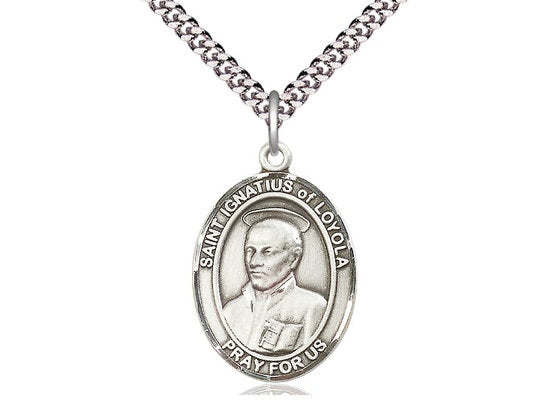 St Ignatius of Loyola Sterling Silver Pendant on a 24 inch Light Rhodium Heavy Curb Chain.