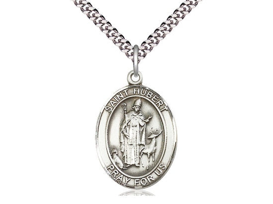 St Hubert of Liege Sterling Silver Pendant on a 24 inch Light Rhodium Heavy Curb Chain.