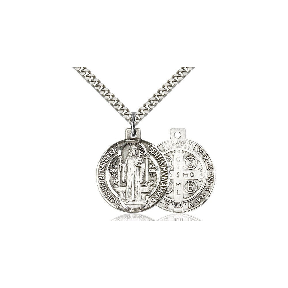 St Benedict Sterling Silver Pendant Sterling Silver on a 24 inch Light Rhodium Heavy Curb Chain.