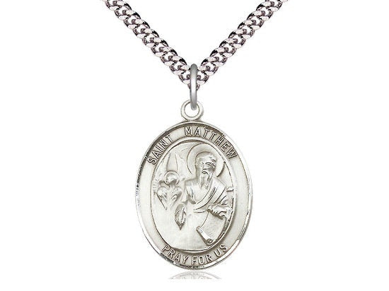 St Matthew the Apostle Sterling Silver Pendant on a 24 inch Light Rhodium Heavy Curb Chain.