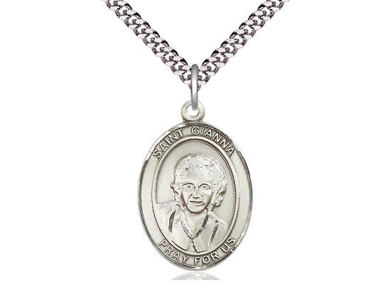 St Gianna Sterling Silver Pendant on a 24 inch Light Rhodium Heavy Curb Chain.