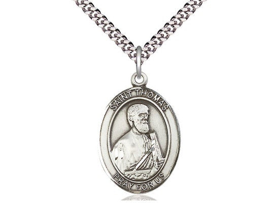 St Thomas the Apostle Sterling Silver Pendant on a 24 inch Light Rhodium Heavy Curb Chain.