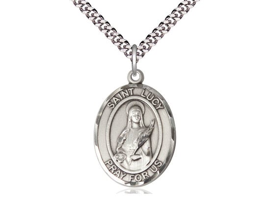 St Lucy Sterling Sterling Silver Pendant on a 24 inch Light Rhodium Heavy Curb Chain.
