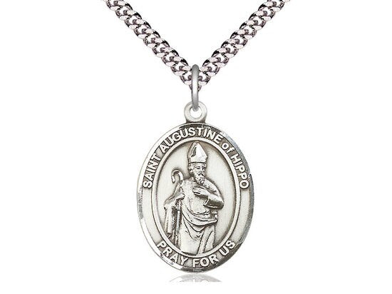 St Augustine of Hippo Sterling Silver Pendant on a 24 inch Light Rhodium Heavy Curb Chain.