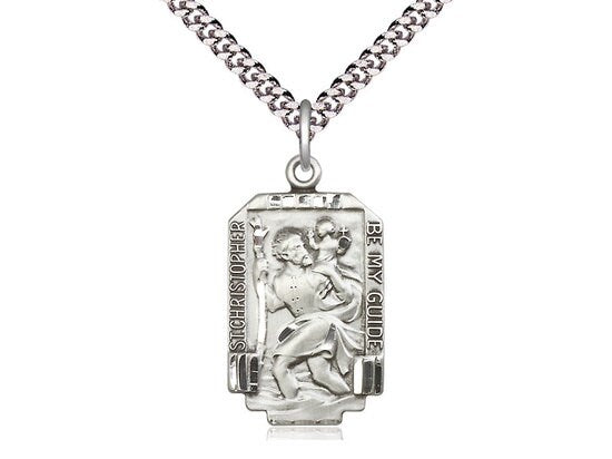 St Christopher Sterling Silver Pendant on a 24 inch Light Rhodium Heavy Curb Chain.