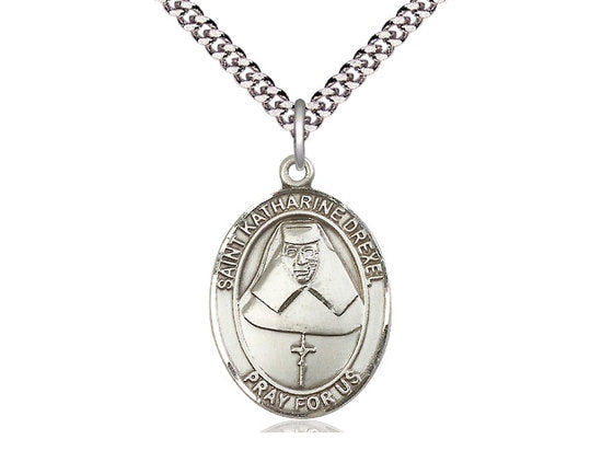 St Katharine Drexel Sterling Silver Pendant on a 24 inch Light Rhodium Heavy Curb Chain.