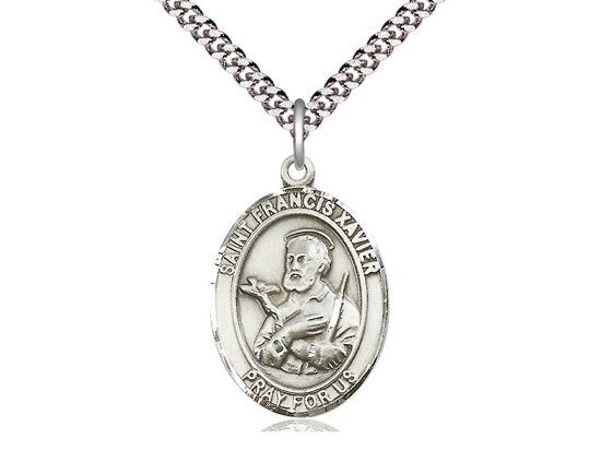 St Francis Xavier Sterling Silver Pendant on a 24 inch Light Rhodium Heavy Curb Chain.