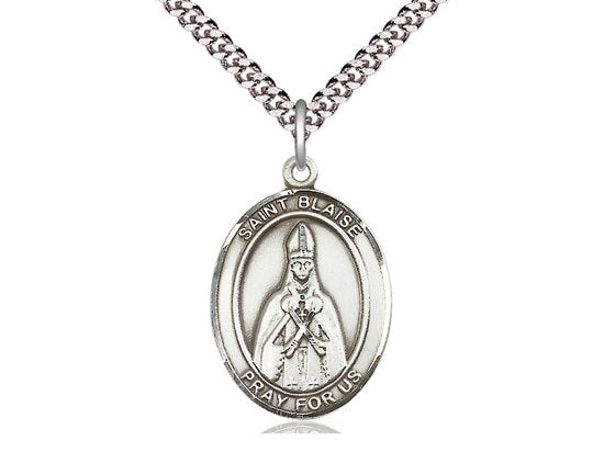 St Blaise Sterling Silver Pendant on a 24 inch Light Rhodium Heavy Curb Chain.