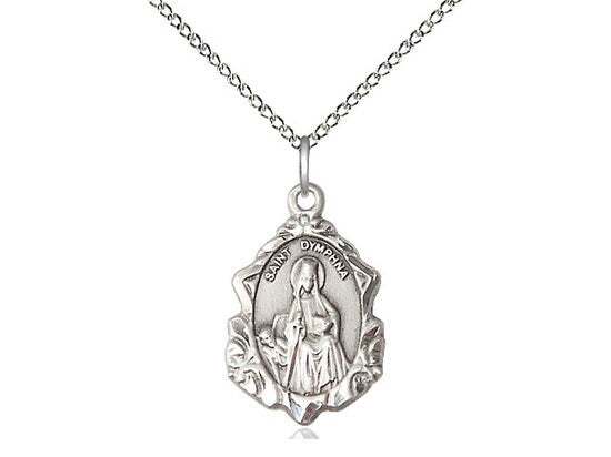 St Dymphna Sterling Silver Pendant on a 18 inch Sterling Silver Light Curb Chain.