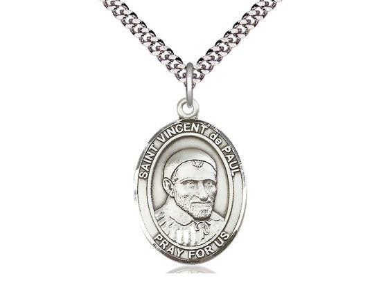 St Vincent de Paul Sterling Silver Pendant on a 24 inch Light Rhodium Heavy Curb Chain.