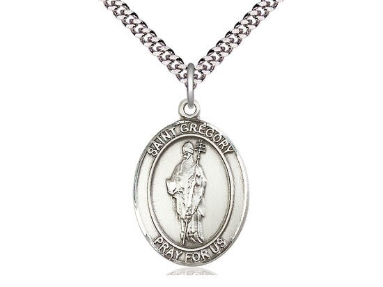 St Gregory the Great Sterling Silver Pendant on a 24 inch Light Rhodium Heavy Curb Chain.
