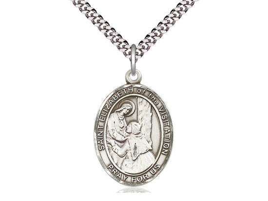 St Elizabeth of the Visitation Sterling Silver Pendant on a 24 inch Light Rhodium Heavy Curb Chain.
