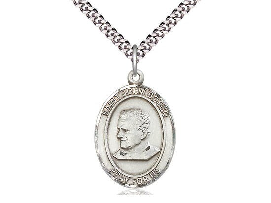 St John Bosco Sterling Silver Pendant on a 24 inch Light Rhodium Heavy Curb Chain.