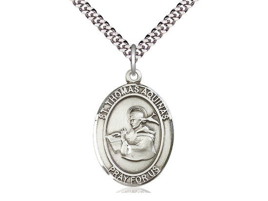 St Thomas Aquinas Sterling Silver Pendant on a 24 inch Light Rhodium Heavy Curb Chain.