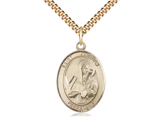 St Andrew the Apostle Gold Filled Pendant on a 24 inch Light Rhodium Heavy Curb Chain.