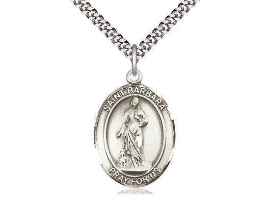 St Barbara Sterling Silver Pendant on a 24 inch Light Rhodium Heavy Curb Chain.